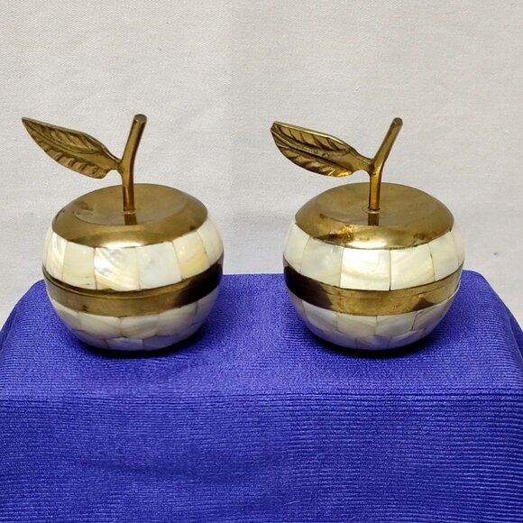 Mother Of Pearl & Brass Apple Shape Jewelry Trinket Hide-away Boxes Set of 2 HTF - Picture 1 of 10